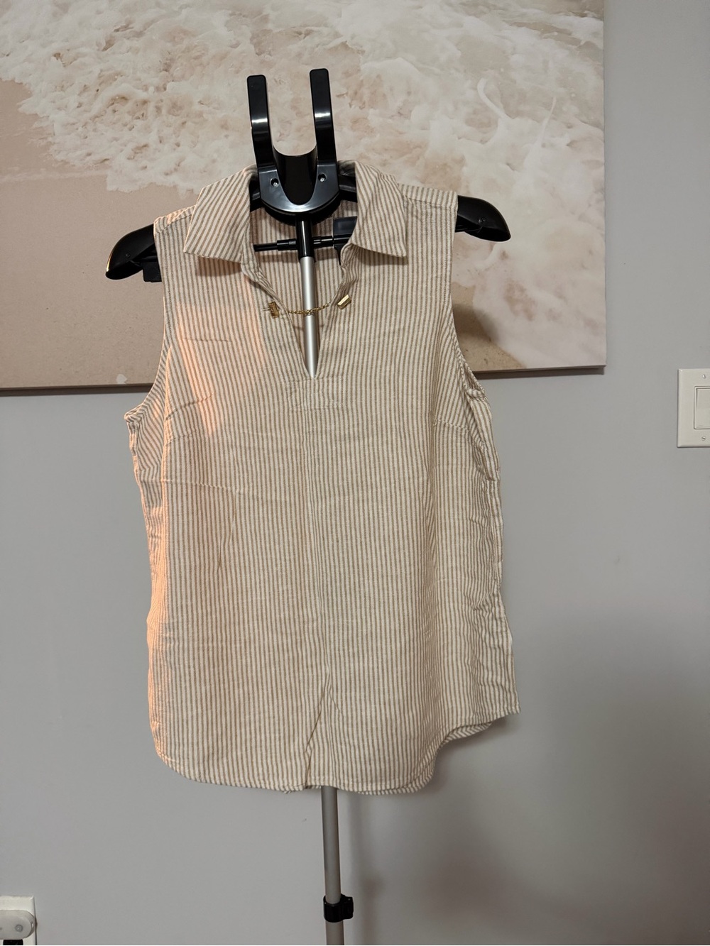 Michael Kors Sleeveless Collared Striped Tank Top in Beige and Tan